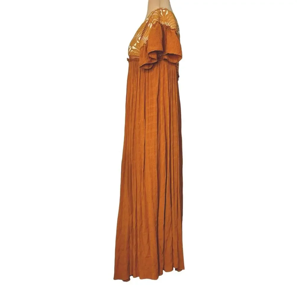 FREE PEOPLE Vintage Charm Relaxed Fit Flowy Embroidered Ruffled Midi Dress Sz XS - Picture 12 of 15